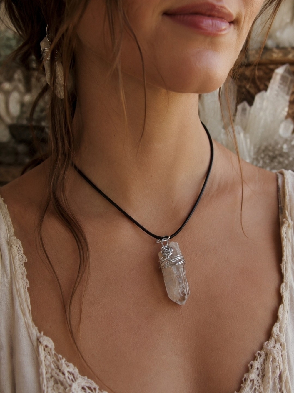 4/$15 Handwrapped Clear Quartz Pendant Necklace - Black Cord Crystal aprox 1"